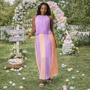 Cato Maxi Dress Womens 18-20 Peach Lavender Halter Neck Pleated Layered Lined